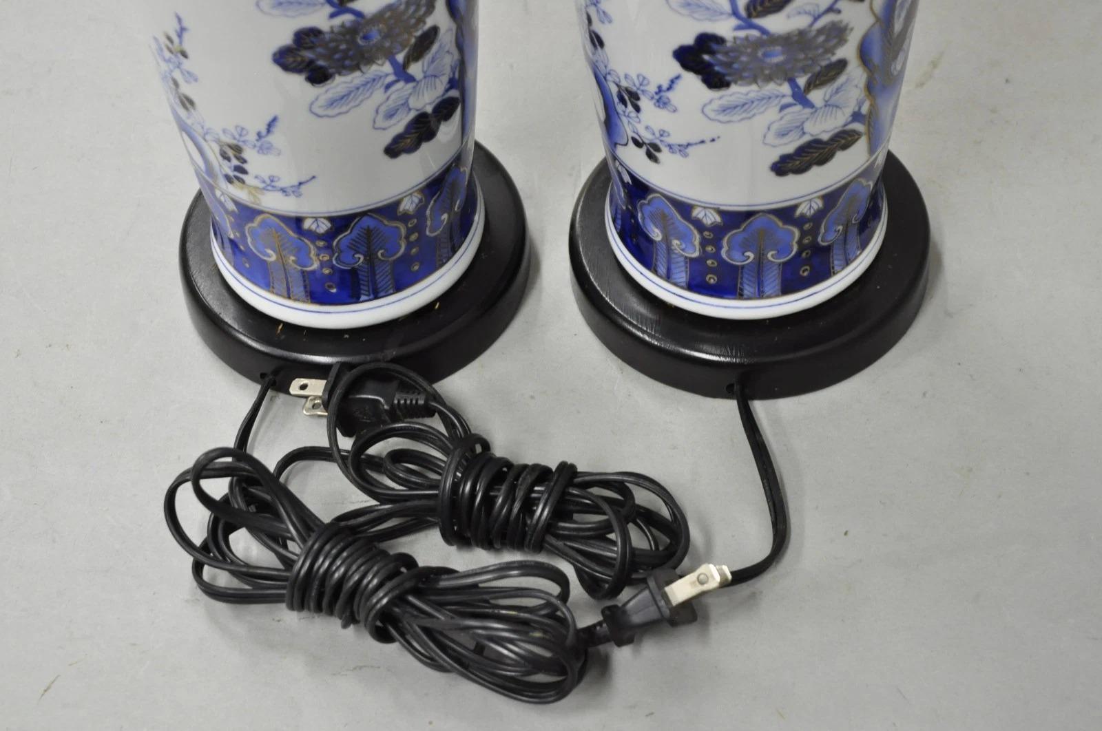 Vintage Chinoiserie Blue White Porcelain Bird & Plum Blossom Table Lamp - a Pair For Sale 5