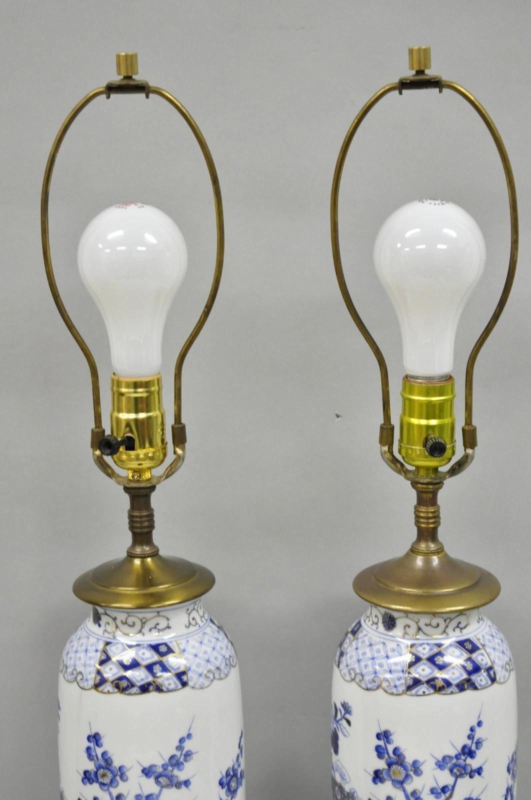 Vintage Chinoiserie Blue White Porcelain Bird & Plum Blossom Table Lamp - a Pair For Sale 6