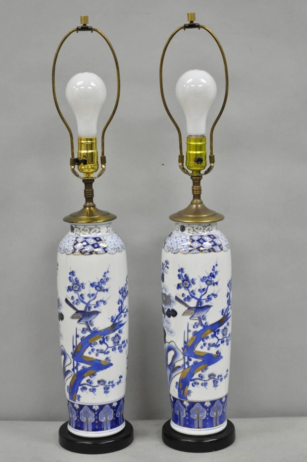 Vintage Chinoiserie Blue White Porcelain Bird & Plum Blossom Table Lamp - a Pair For Sale 7