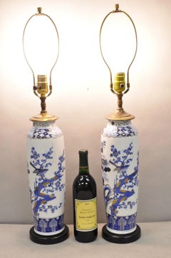 Vintage Chinoiserie Blue White Porcelain Bird & Plum Blossom Table Lamp - a Pair