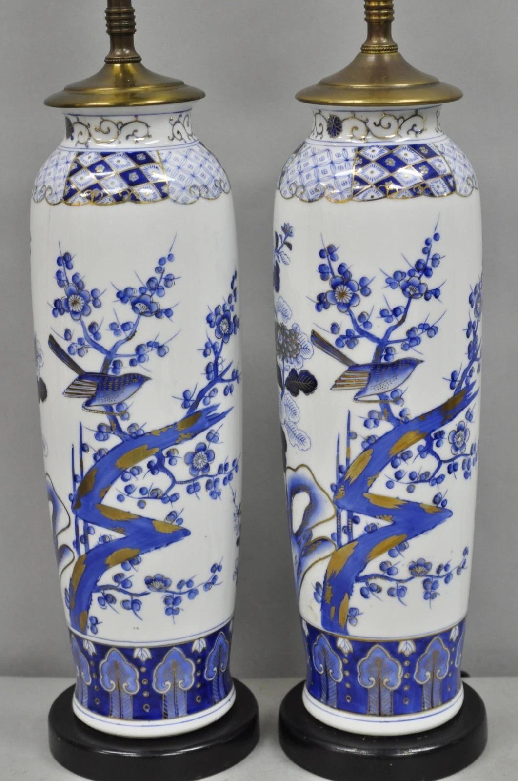 Unknown Vintage Chinoiserie Blue White Porcelain Bird & Plum Blossom Table Lamp - a Pair For Sale