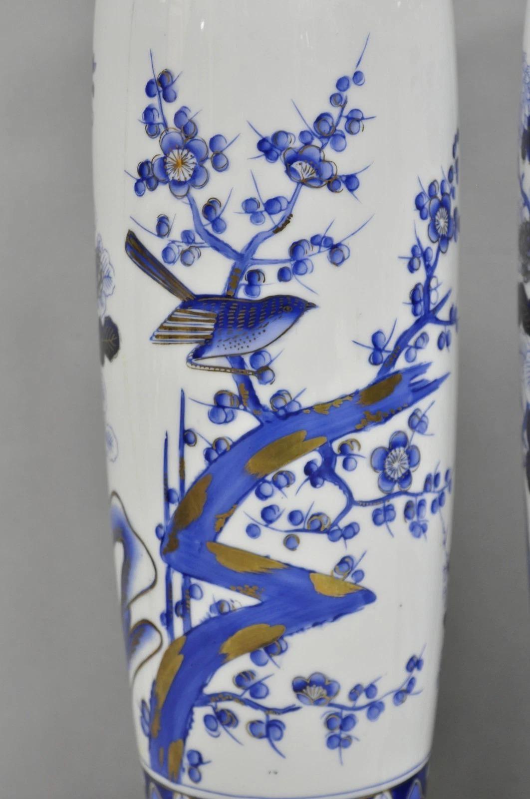 Vintage Chinoiserie Blue White Porcelain Bird & Plum Blossom Table Lamp - a Pair In Good Condition For Sale In Philadelphia, PA