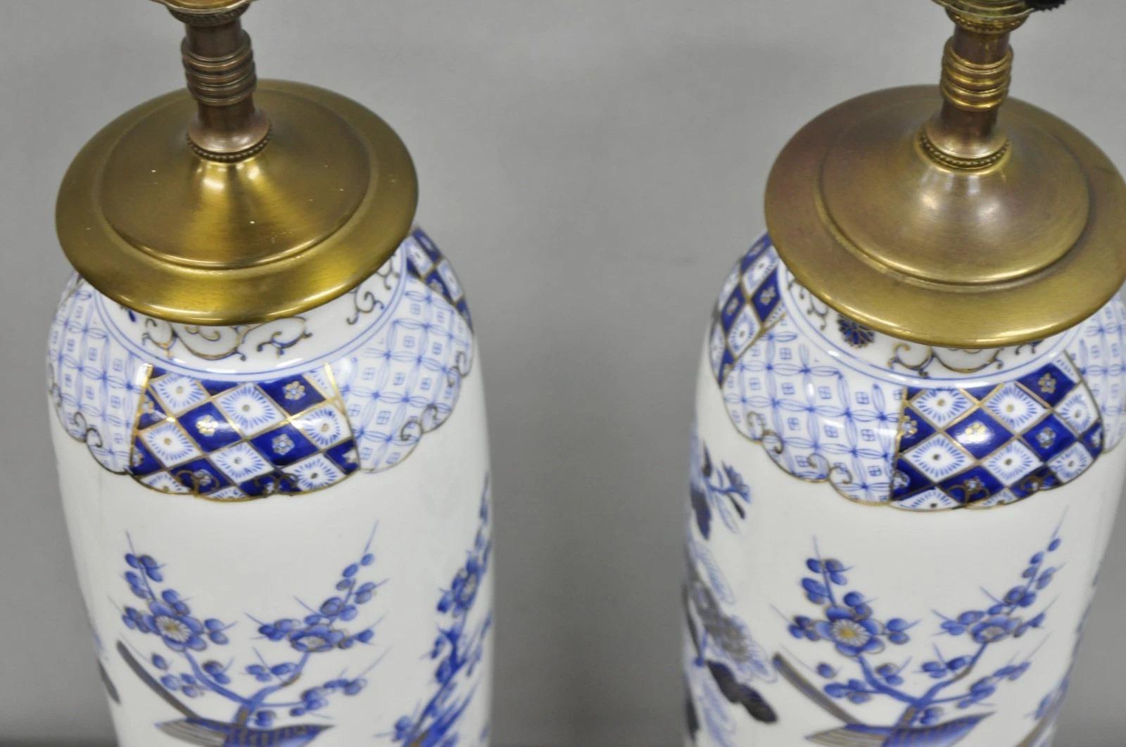 Vintage Chinoiserie Blue White Porcelain Bird & Plum Blossom Table Lamp - a Pair For Sale 1