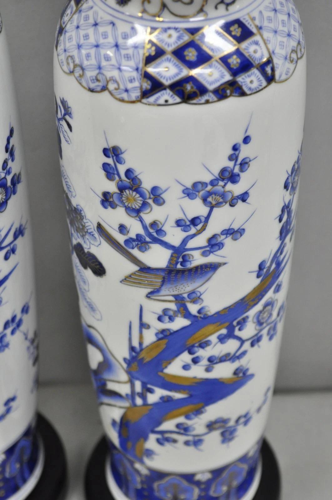 Vintage Chinoiserie Blue White Porcelain Bird & Plum Blossom Table Lamp - a Pair For Sale 2