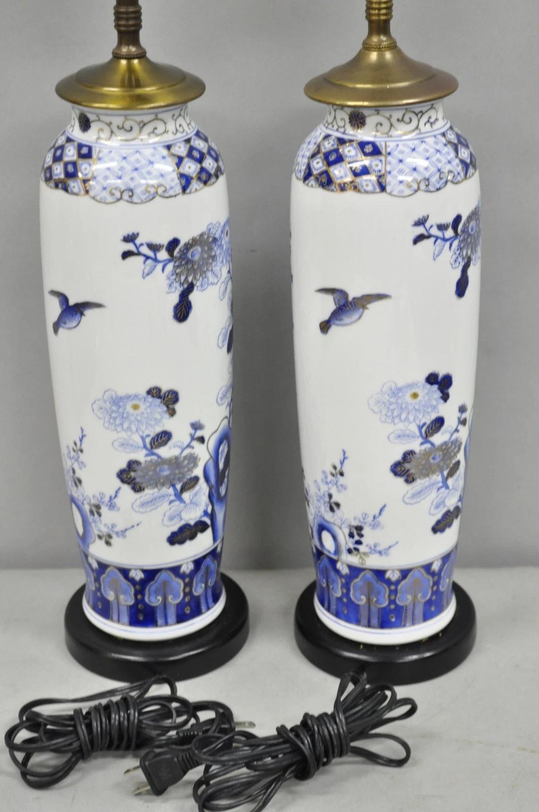 Vintage Chinoiserie Blue White Porcelain Bird & Plum Blossom Table Lamp - a Pair For Sale 3