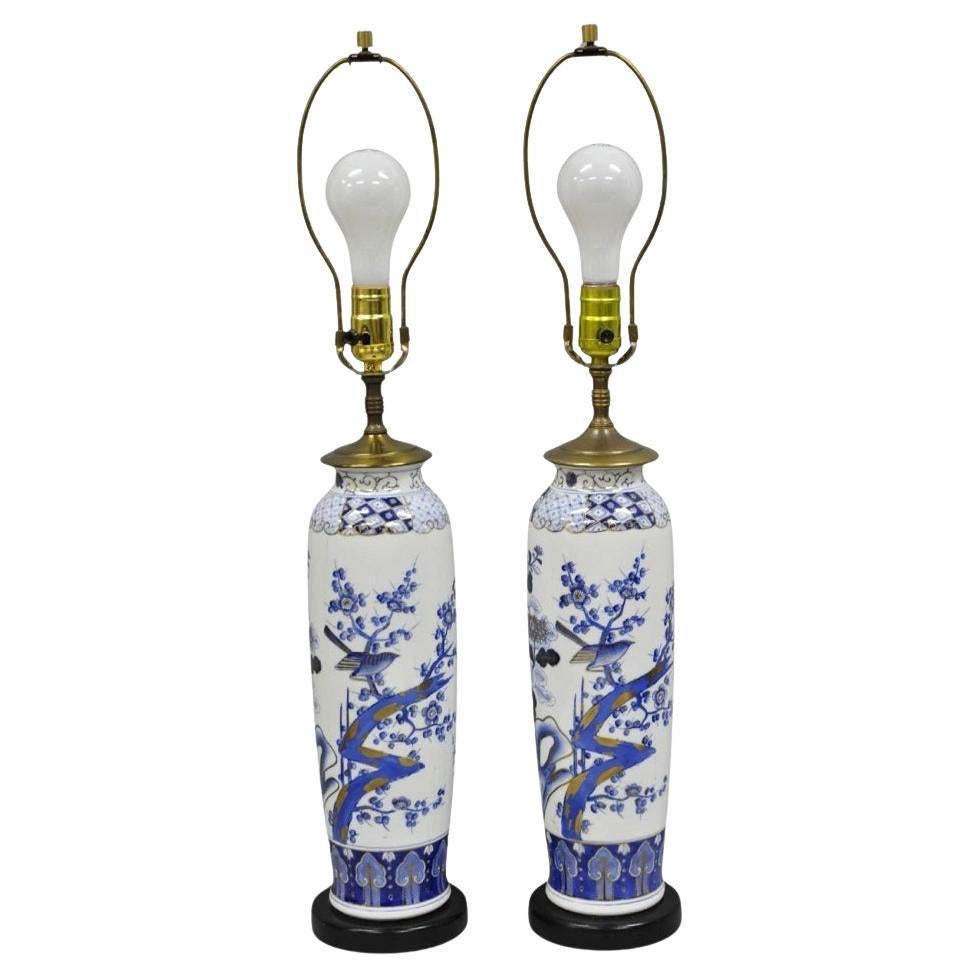 Vintage Chinoiserie Blue White Porcelain Bird & Plum Blossom Table Lamp - a Pair