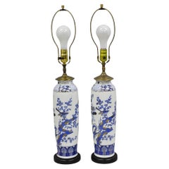 Vintage Chinoiserie Blue White Porcelain Bird & Plum Blossom Table Lamp - a Pair