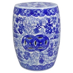 Vintage Chinoiserie Bleu Blanc Porcelaine Décorée Siège de Jardin Tabouret