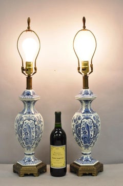 Vintage Chinoiserie Blue & White Porcelain Urn Bird Painted Table Lamps - a Pair