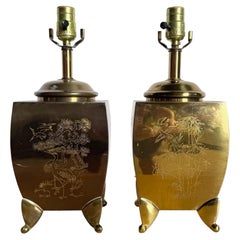 Vintage Chinoiserie Brass Engraved Tiger Table Lamps - A Pair