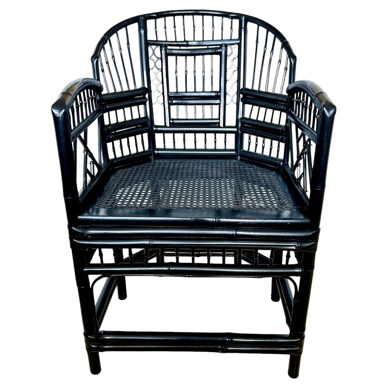 Vintage Chinoiserie Brighton Pavilion Gloss Black Bamboo Chair For Sale