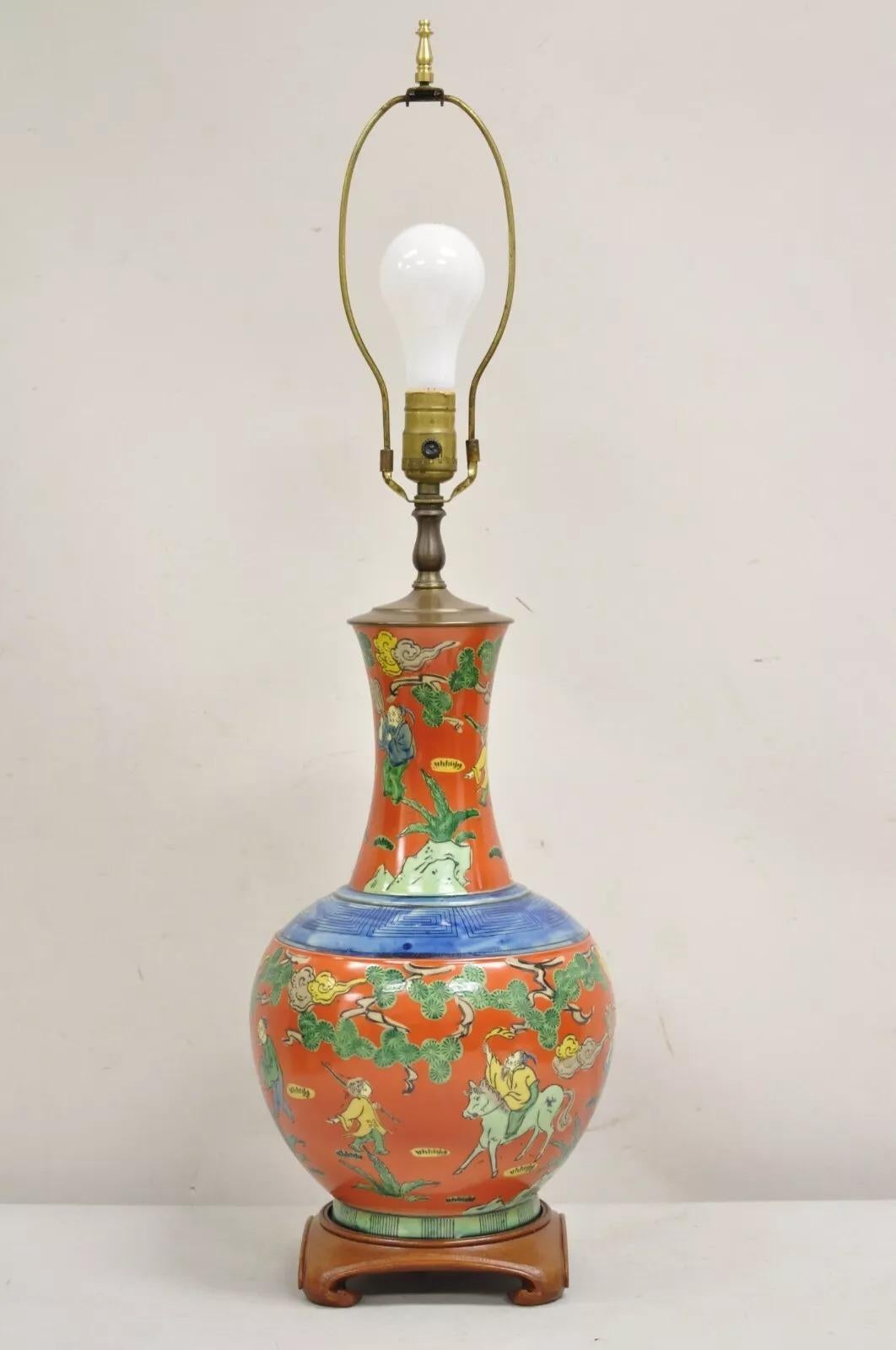 Lampada da tavolo in porcellana bulbosa Chinoiserie d'epoca con figure orientali dipinte in vendita 5