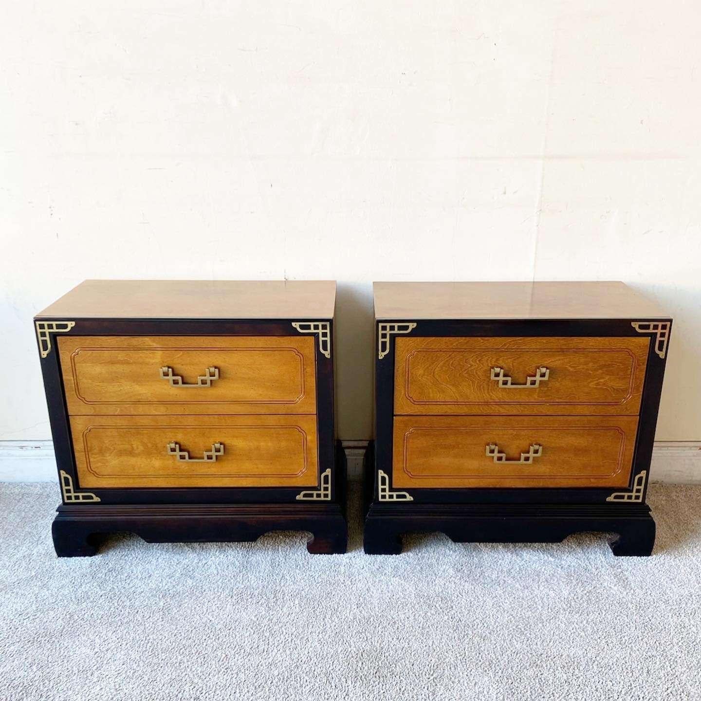 Exceptional vintage chinoiserie nighstands. Each feature a Burl with black edges and brass accents.