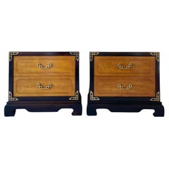 Vintage Chinoiserie Burl and Black Nighstands by Bassett Furniture - a Pair