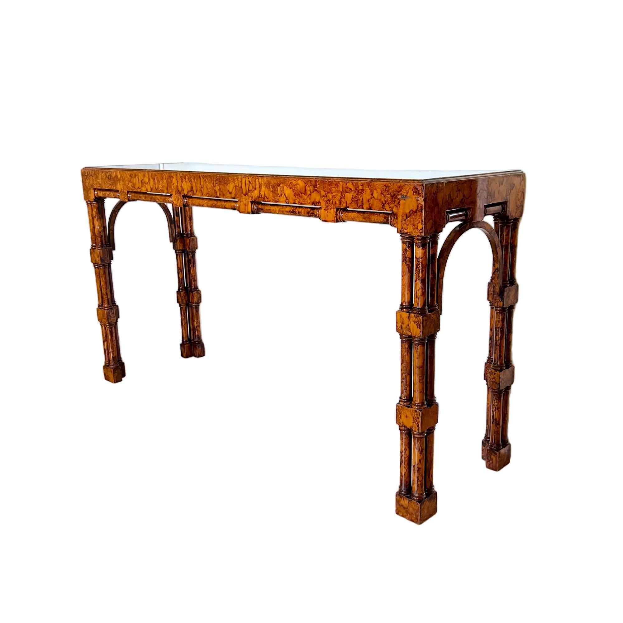 American Vintage Chinoiserie Burl Wood Glass Top Console Table