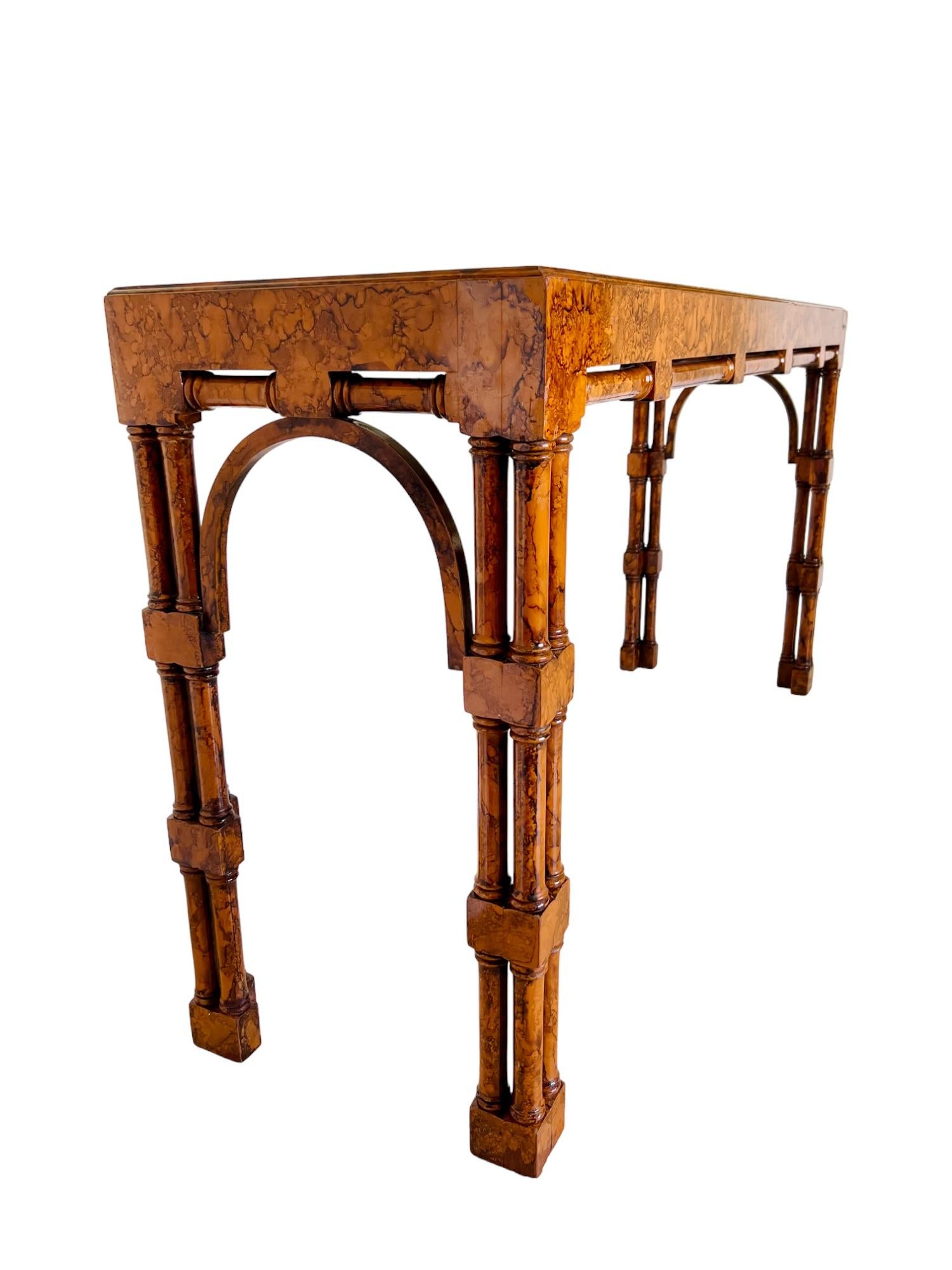 Turned Vintage Chinoiserie Burl Wood Glass Top Console Table