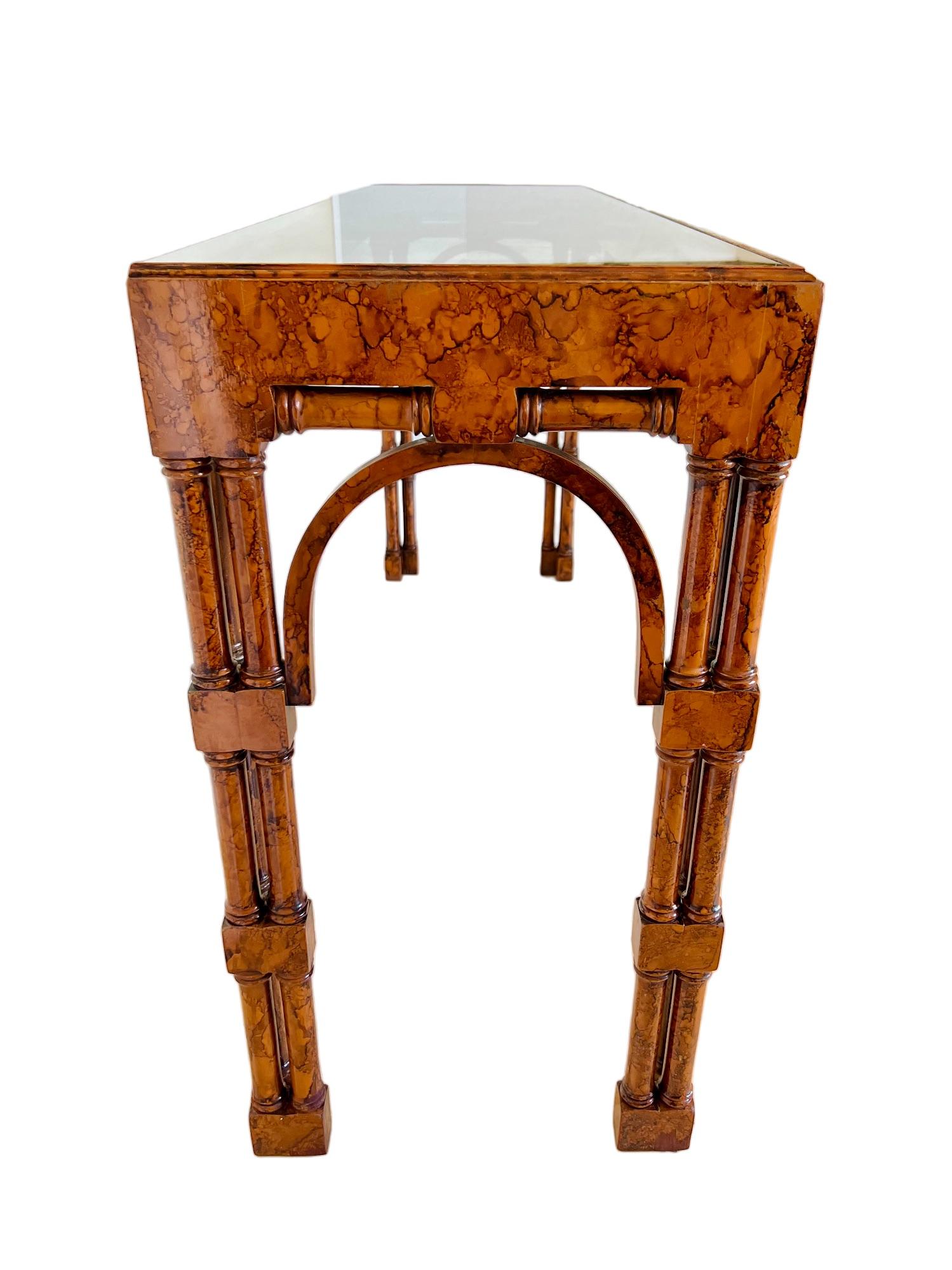 Vintage Chinoiserie Burl Wood Glass Top Console Table In Good Condition In Harlingen, TX