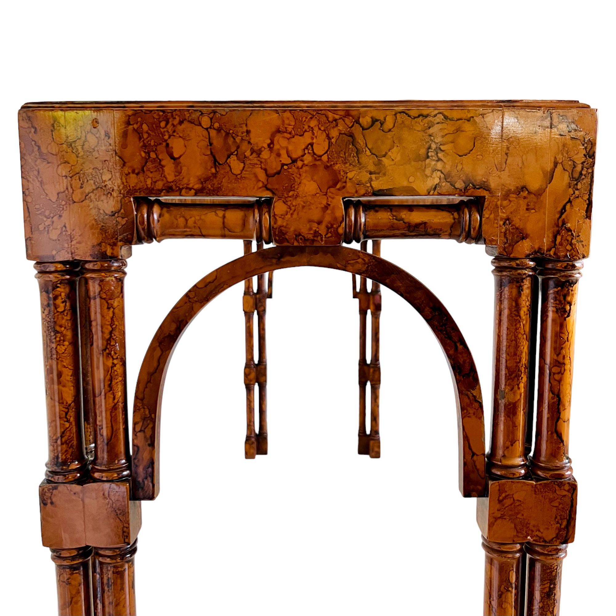 Late 20th Century Vintage Chinoiserie Burl Wood Glass Top Console Table