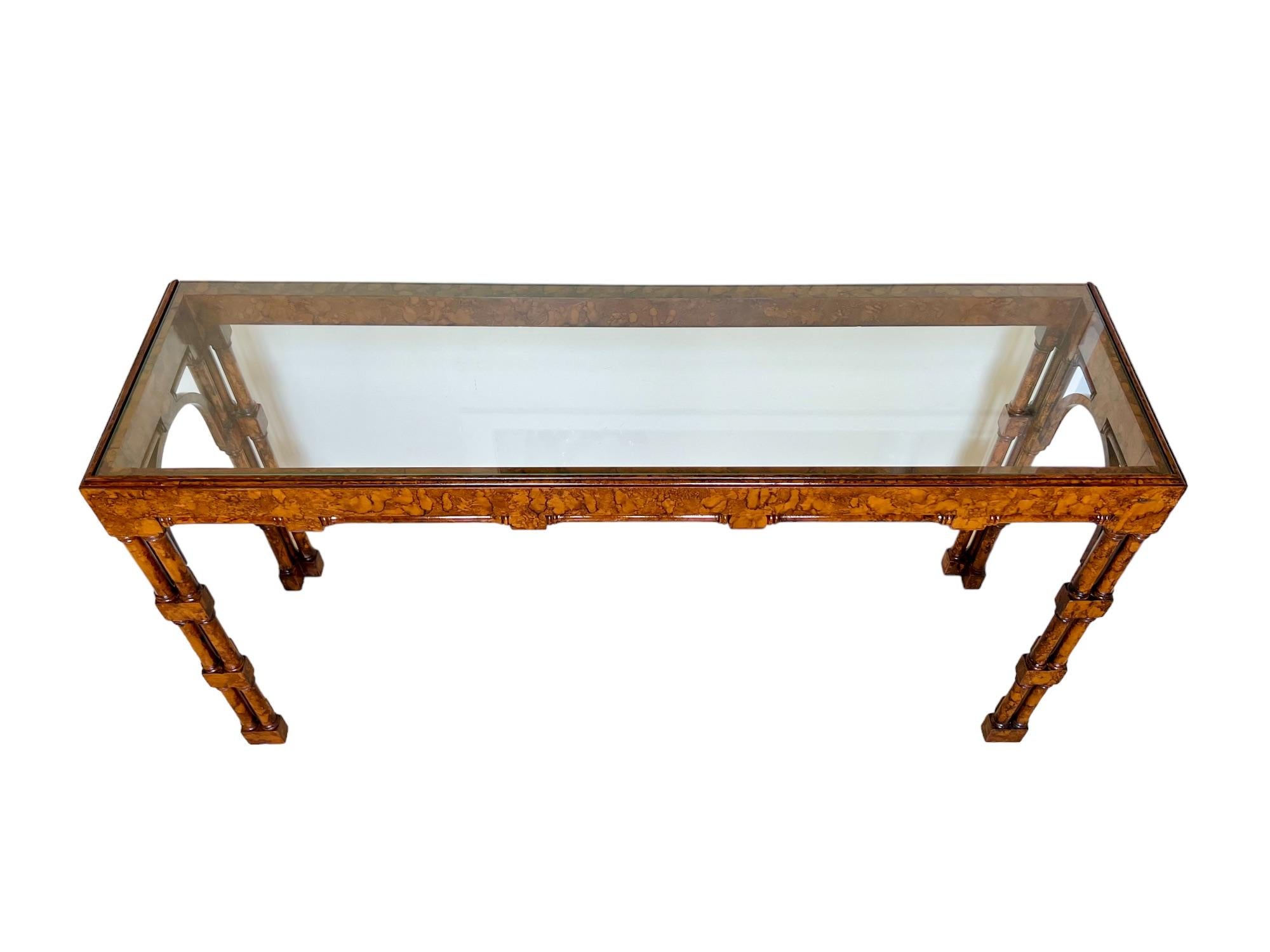 Vintage Chinoiserie Burl Wood Glass Top Console Table 1