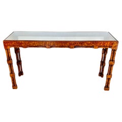 Vintage Chinoiserie Burl Wood Glass Top Console Table