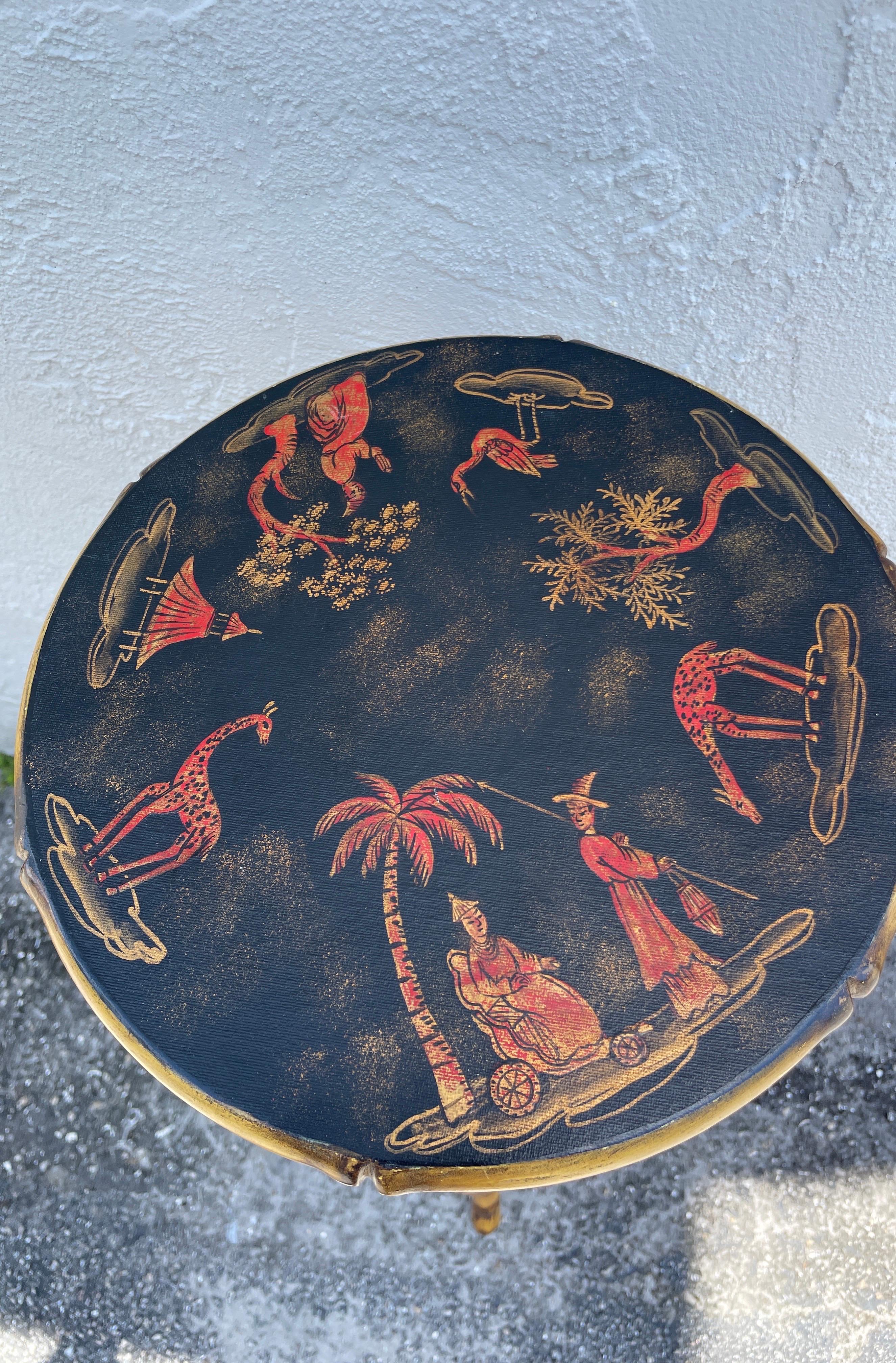 Charming Chinoiserie style burnt bamboo plant stand. Lovely painted scenes on top and apron surround.