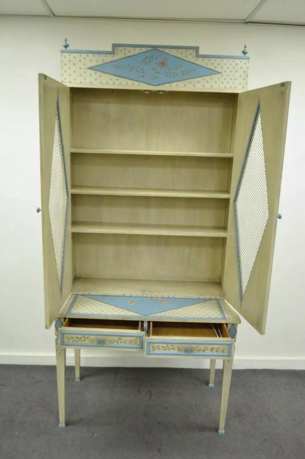 Vintage Chinoiserie Schmetterling & Vogel Custom Painted Tall Secretary Schreibtisch & Stuhl (Regency) im Angebot