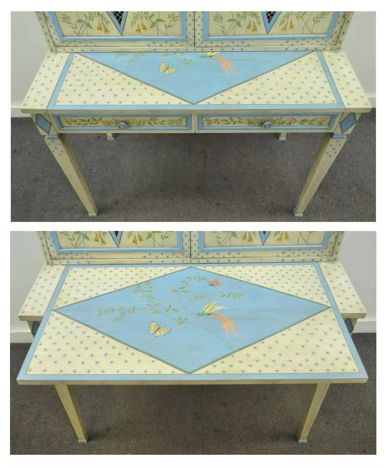 Vintage Chinoiserie Schmetterling & Vogel Custom Painted Tall Secretary Schreibtisch & Stuhl (20. Jahrhundert) im Angebot