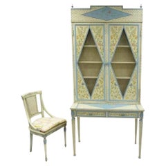 Vintage Chinoiserie Butterfly & Bird Custom Painted Tall Secretary Desk & Chair