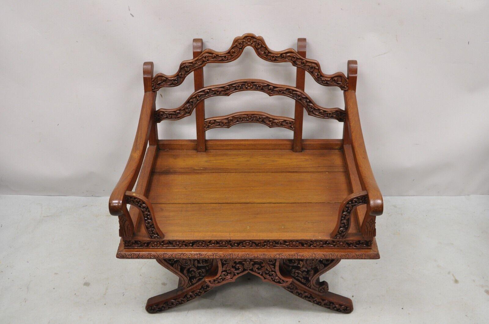Chinese Chippendale Vintage Chinoiserie Carved Teak Wood Howdah Elephant Saddle Accent Chair For Sale