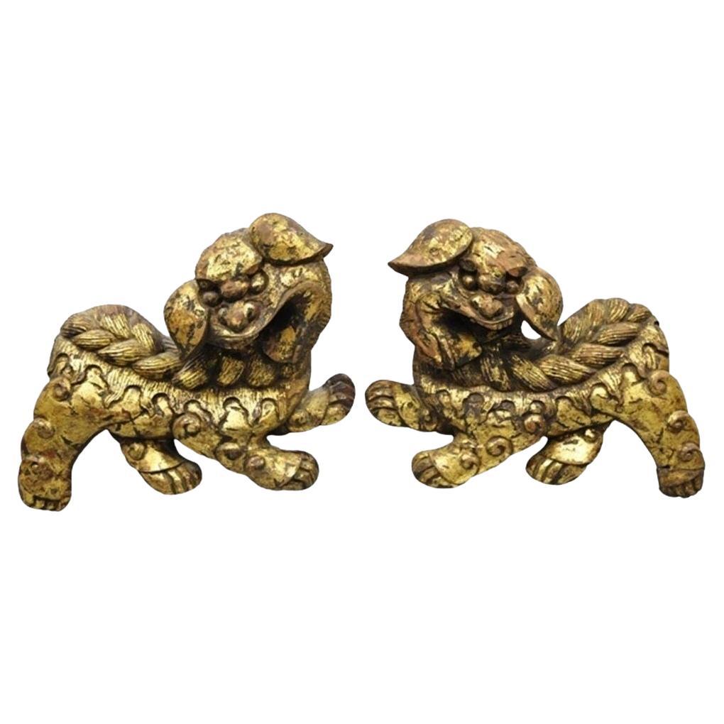 Vintage Chinoiserie Carved Wood Gold Gilt 12" Chinese Foo Dog Figures - a Pair