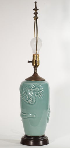 Vintage Chinoiserie Celadon Ceramic Table Lamp with Dragon Relief