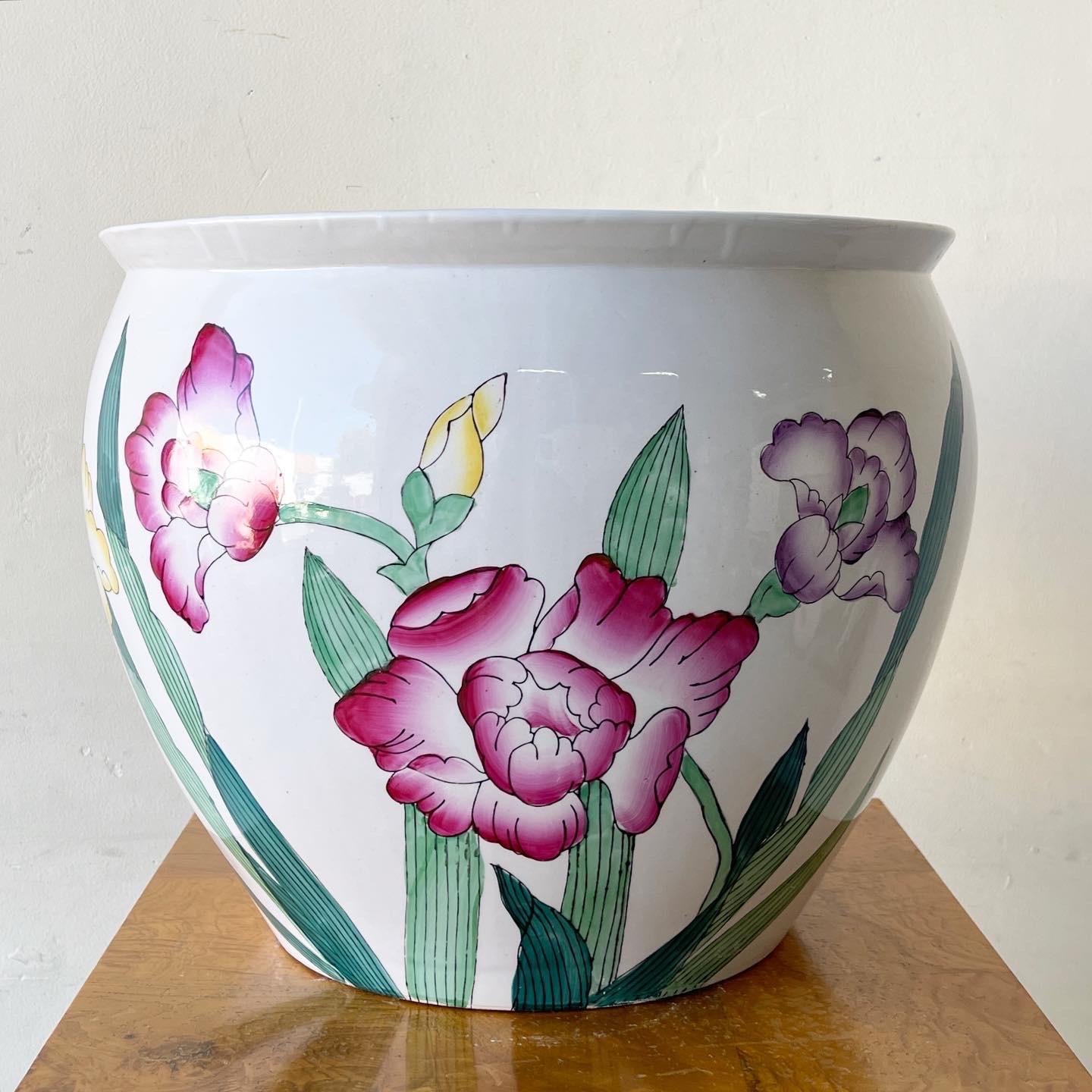 Vintage Chinoiserie Ceramic Hand Painted Planter In Good Condition In Delray Beach, FL