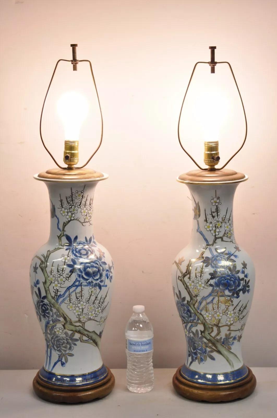 Vintage Chinoiserie Chinese Blue Bird and Flower Porcelain Jardiniere Vase Table Lamps - a Pair. Circa Mid 20th Century. Dimensions : 32