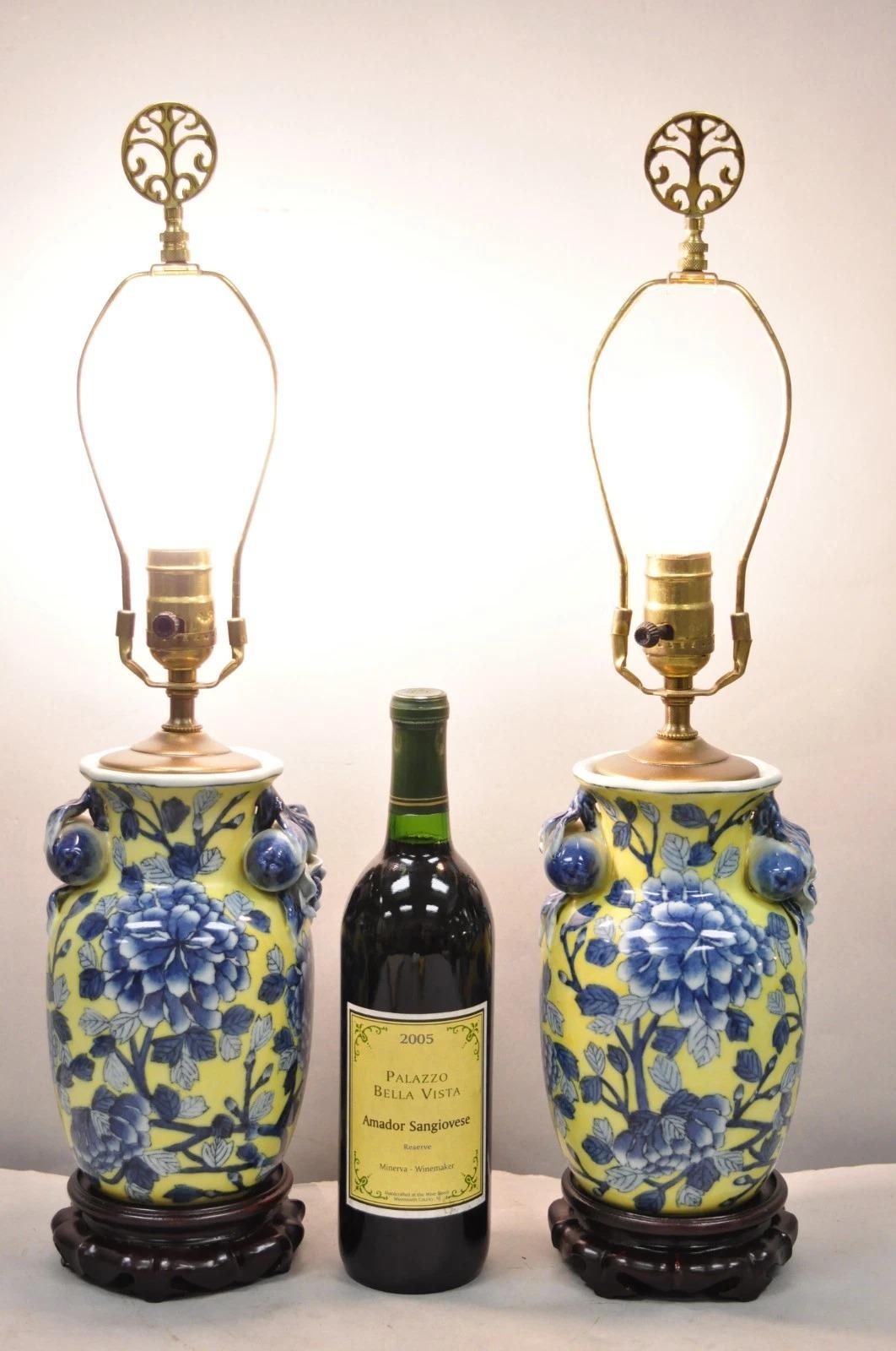 Vintage Chinoiserie Chinese Blue & Yellow Flower Small Porcelain Table Lamps - a Pair. Circa Mid 20th Century. Measurements: 22.5