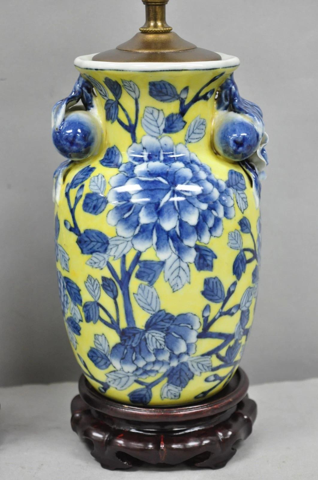 20th Century Vintage Chinoiserie Chinese Blue & Yellow Flower Small Porcelain Table Lamp Pair For Sale