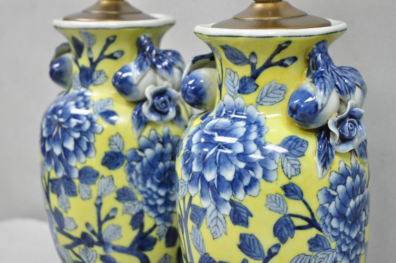 Vintage Chinoiserie Chinese Blue & Yellow Flower Small Porcelain Table Lamp Pair For Sale 1