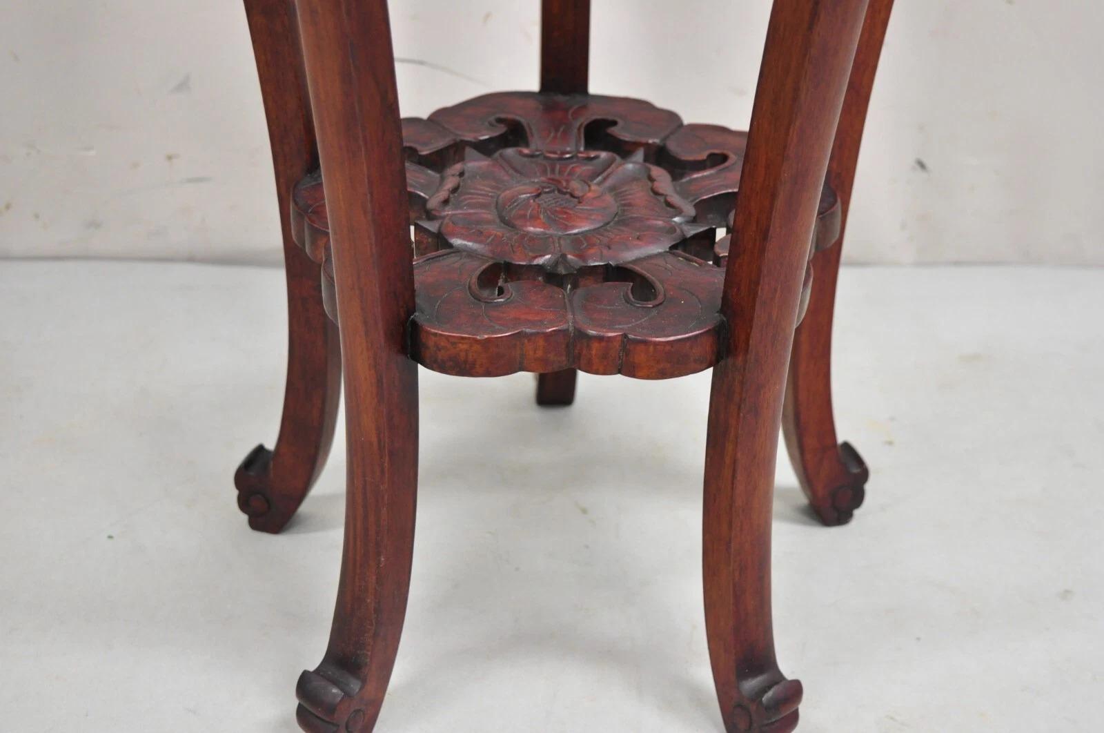 Vintage Chinoiserie Chinesisch geschnitzt Hartholz Marmor Top Pedestal Plant Stand im Angebot 5