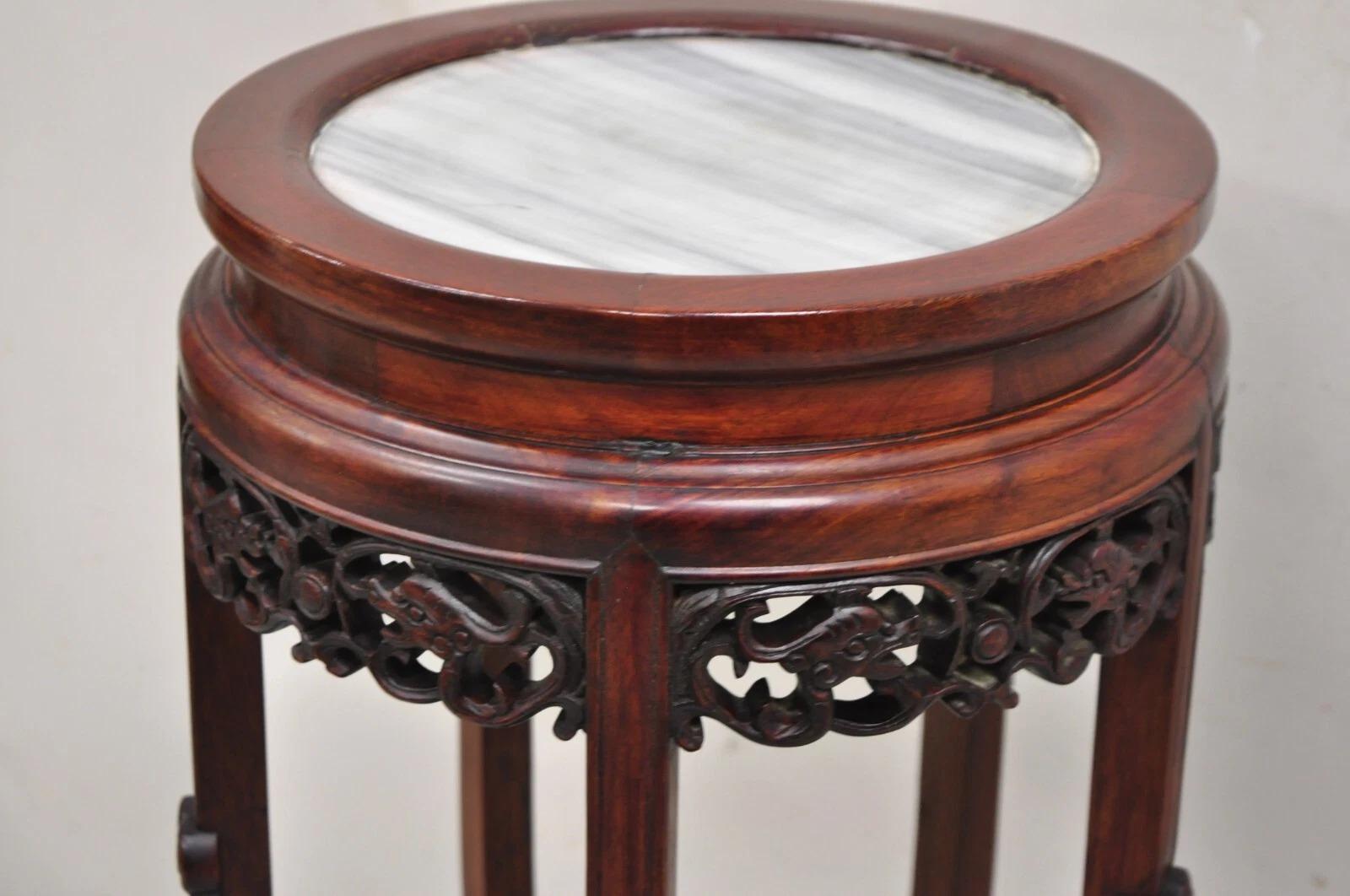 Vintage Chinoiserie Chinesisch geschnitzt Hartholz Marmor Top Pedestal Plant Stand im Angebot 6