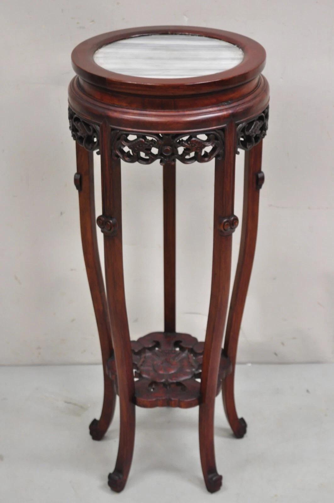 Vintage Chinoiserie Chinesisch geschnitzt Hartholz Marmor Top Pedestal Plant Stand im Angebot 7