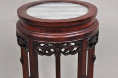 Vintage Chinoiserie Chinese Carved Hardwood Marble Top Pedestal Plant Stand