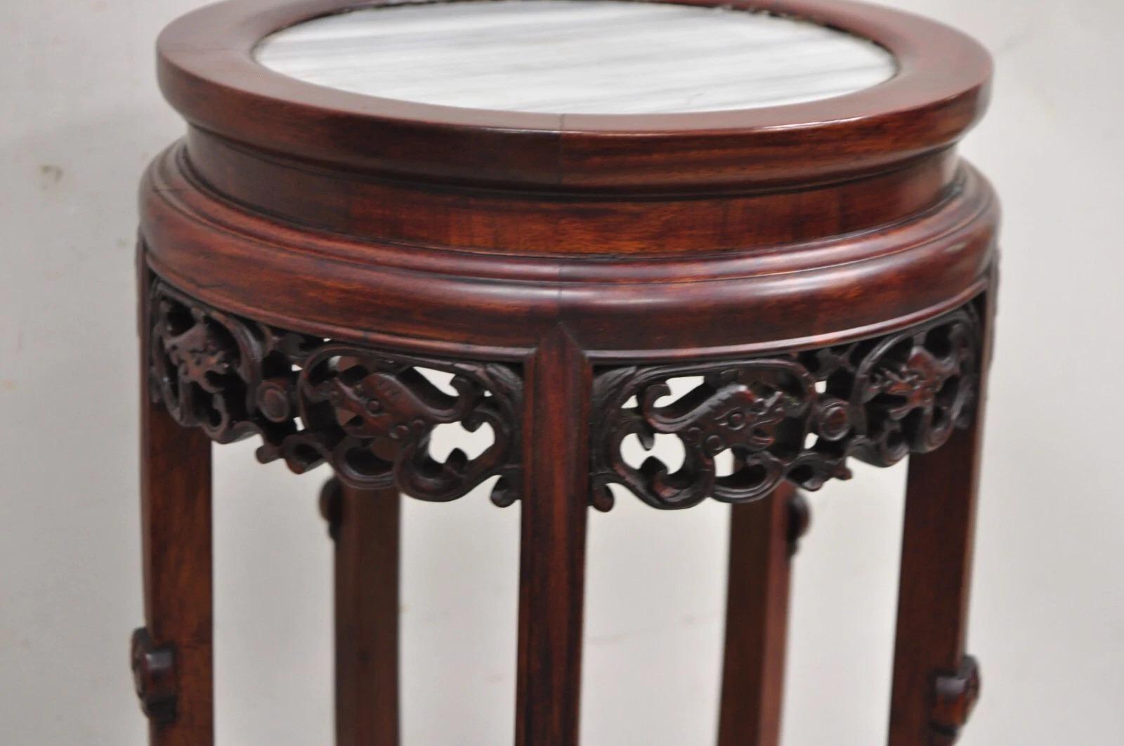 Vintage Chinoiserie Chinesisch geschnitzt Hartholz Marmor Top Pedestal Plant Stand im Angebot 4