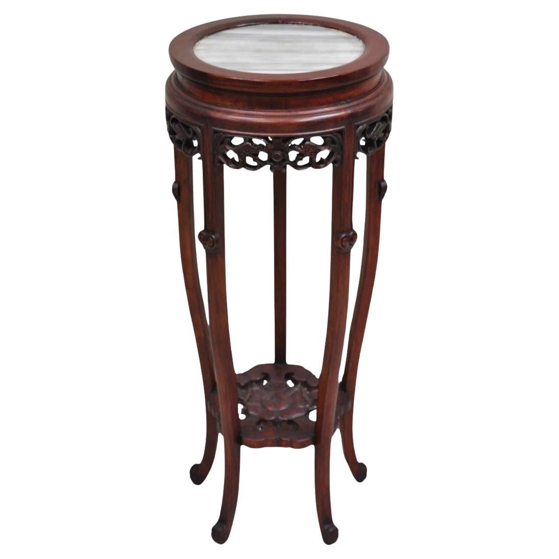 Vintage Chinoiserie Chinesisch geschnitzt Hartholz Marmor Top Pedestal Plant Stand im Angebot