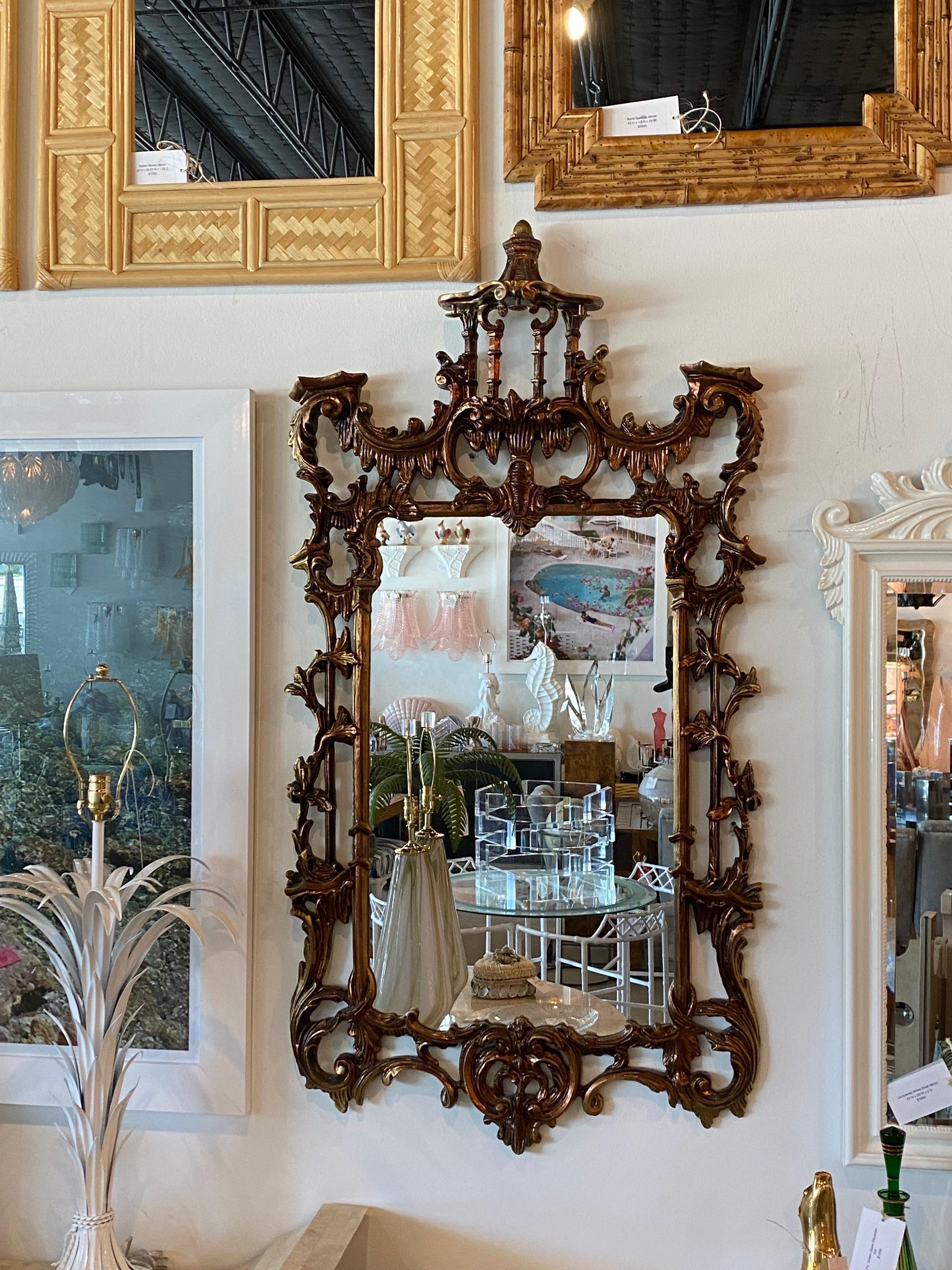 American Vintage Chinoiserie Chinese Chippendale Pagoda Wall Mirror with Bells