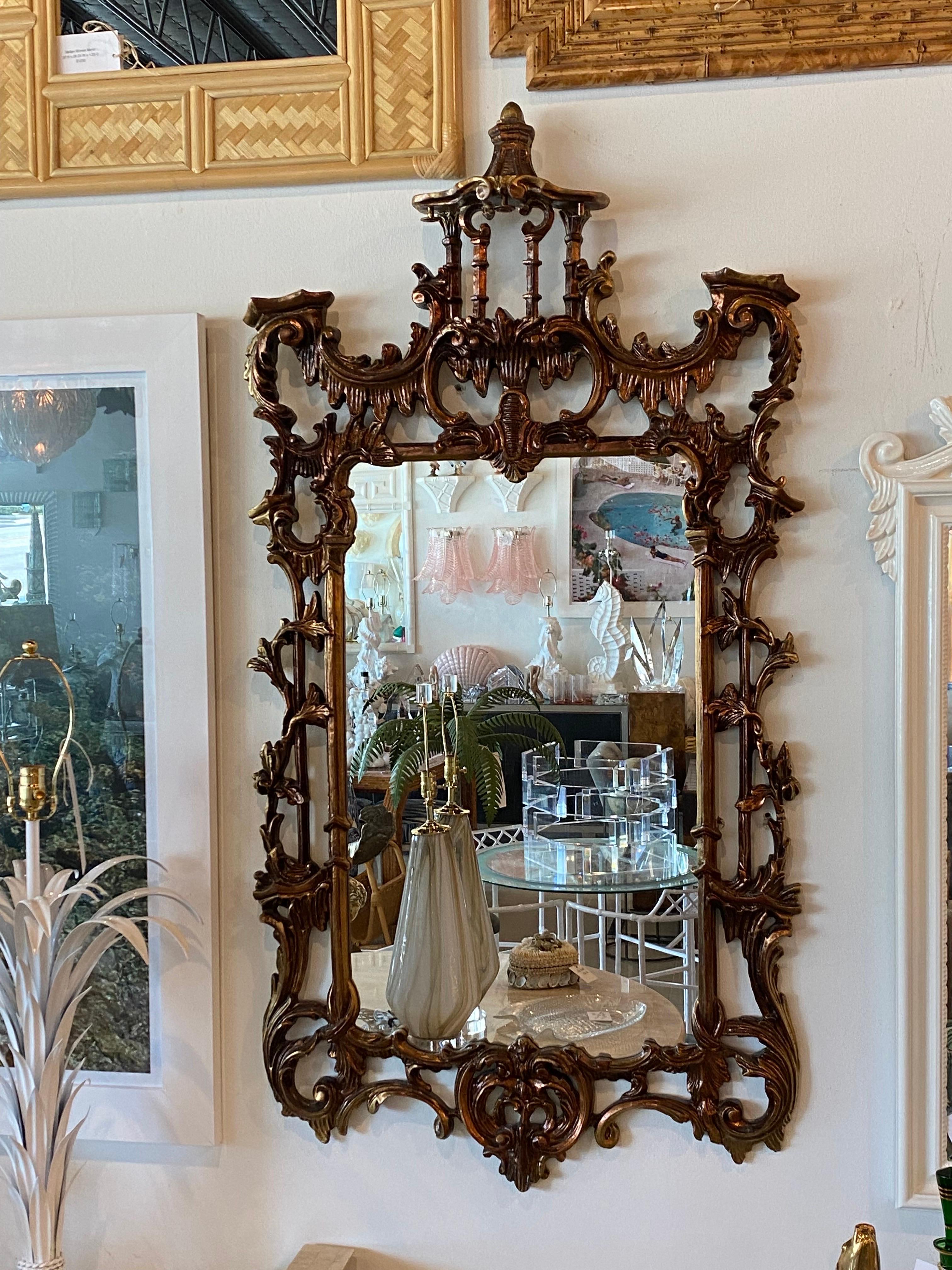 Late 20th Century Vintage Chinoiserie Chinese Chippendale Pagoda Wall Mirror with Bells