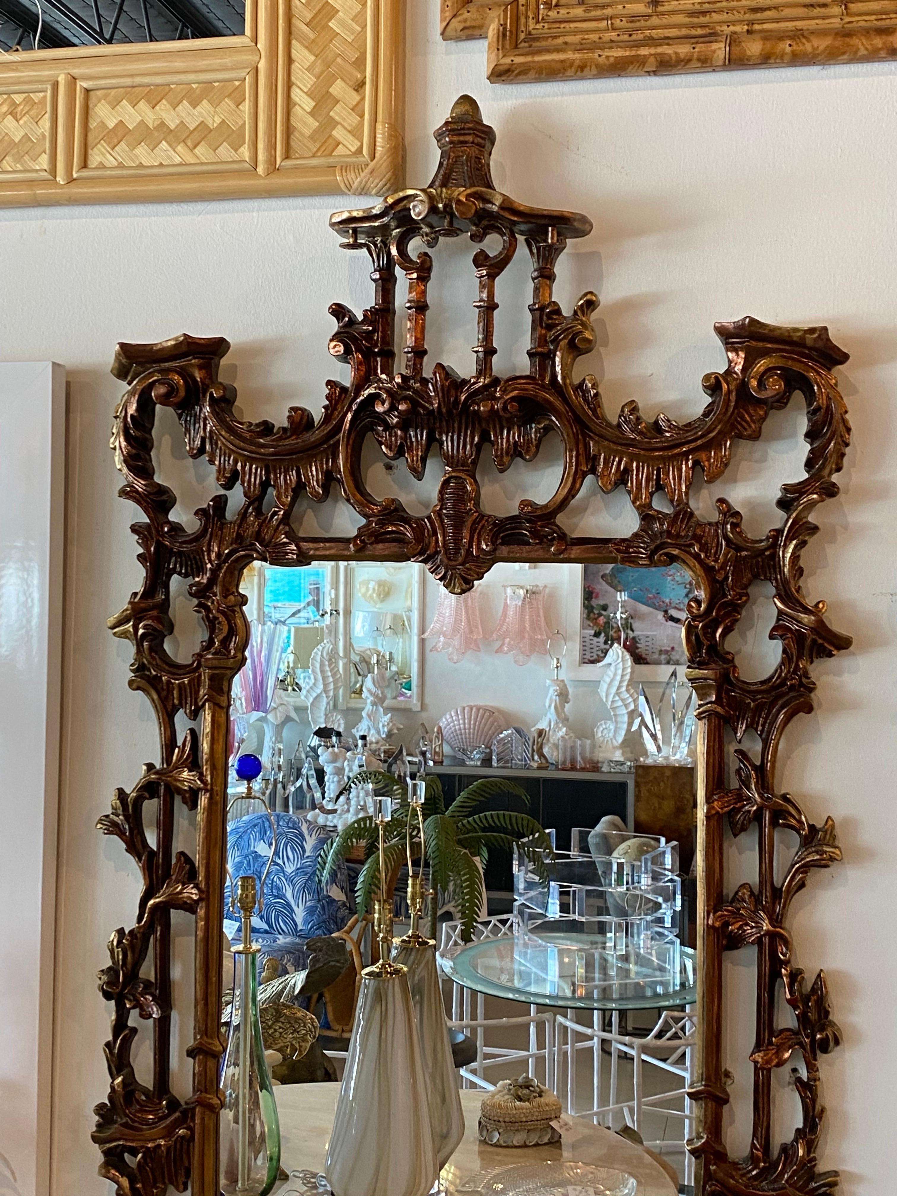 Vintage Chinoiserie Chinese Chippendale Pagoda Wall Mirror with Bells 2