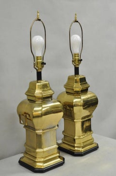 Vintage Chinoiserie Chinese Ginger Jar Brass Plated Metal Table Lamps - a Pair