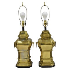 Vintage Chinoiserie Chinese Ginger Jar Brass Plated Metal Table Lamps - a Pair