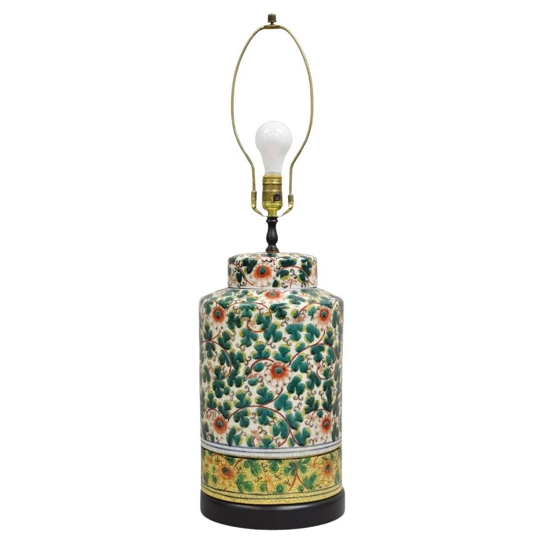 Lámpara de sobremesa oriental pintada con flores verdes y jengibre chino Vintage Chinoiserie
