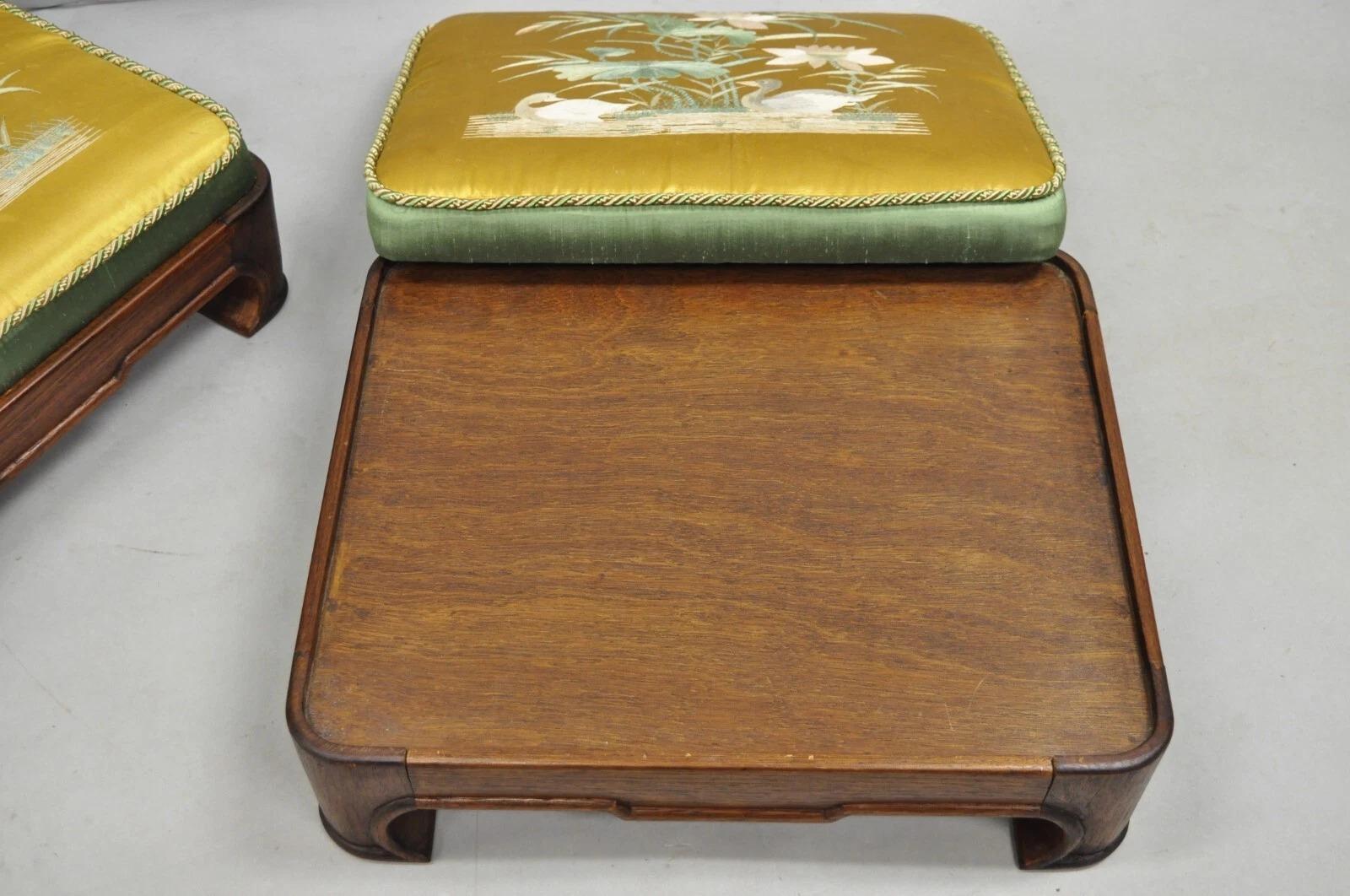Vintage Chinoiserie Chinese Ming Style Low Footstool Ottoman w/ Silk - Pair For Sale 4