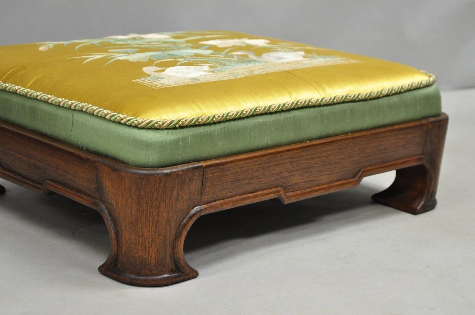 Vintage Chinoiserie Chinese Ming Style Low Footstool Ottoman w/ Silk - Pair For Sale 5